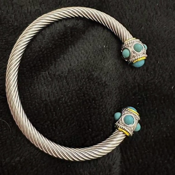 Designer Inspired Turquoise Stone Beads Tips Silver Cable Cuff Twist Bracelet - Picture 5 of 11